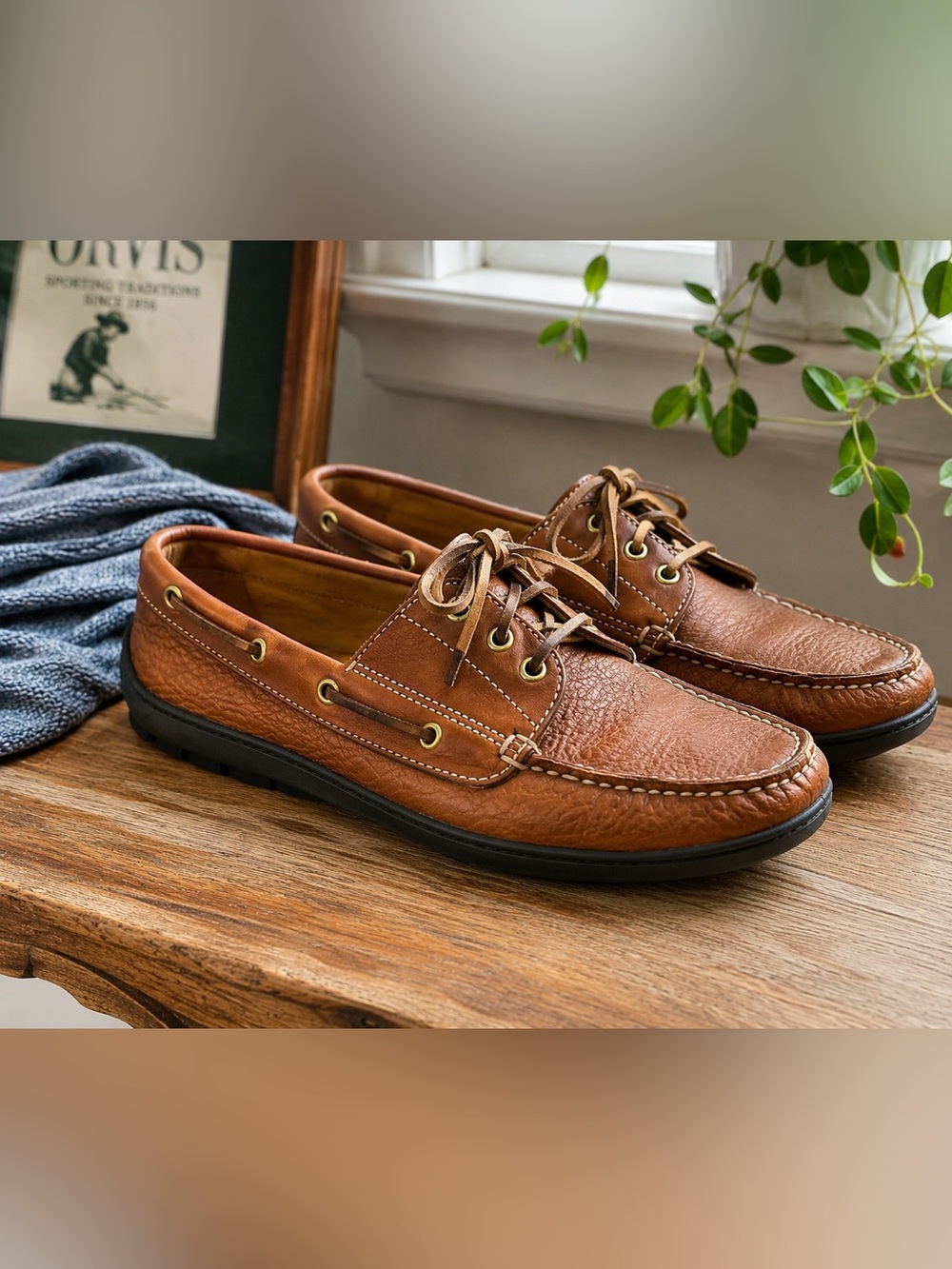 Orvis Vintage Made in USA Brown Leather Boat Shoes Driving Mocs 8.5 D NICE